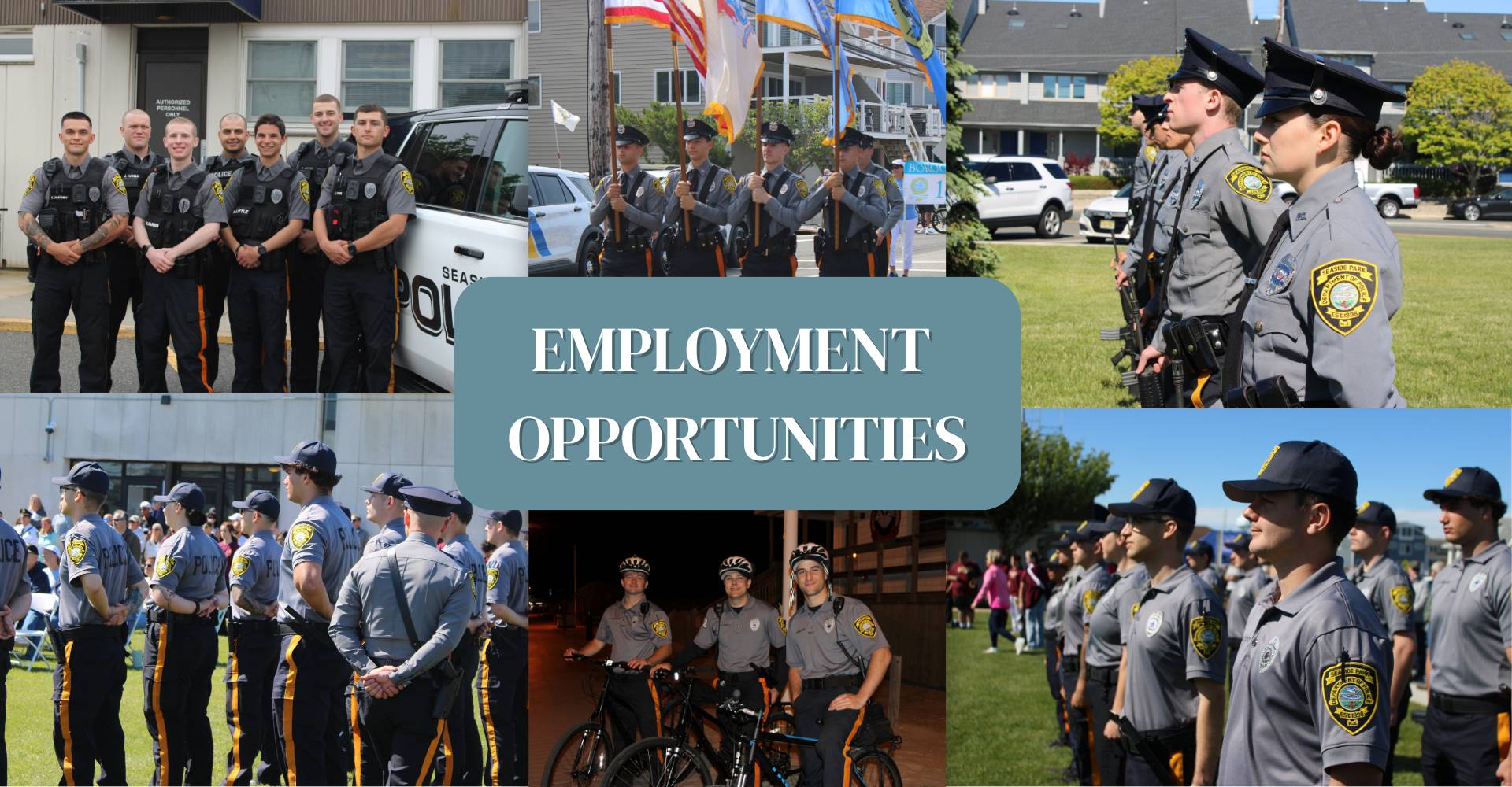 Photo that says Employee Opportunities surrounded by group photos of Police Officers